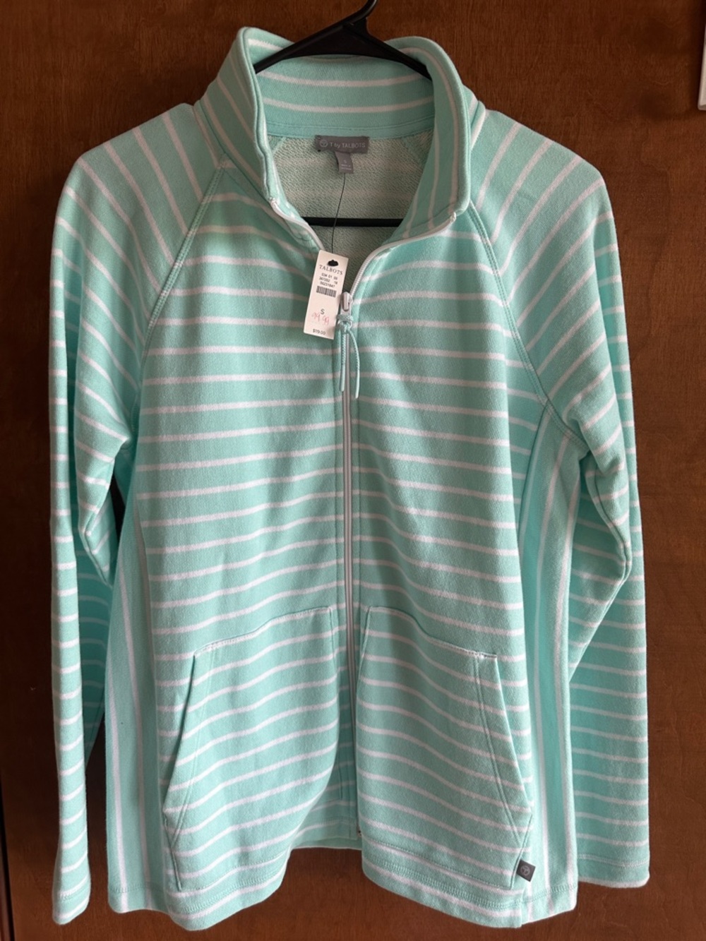 T by Talbots Mint Green and White Striped Full-Zip Sweatshirt